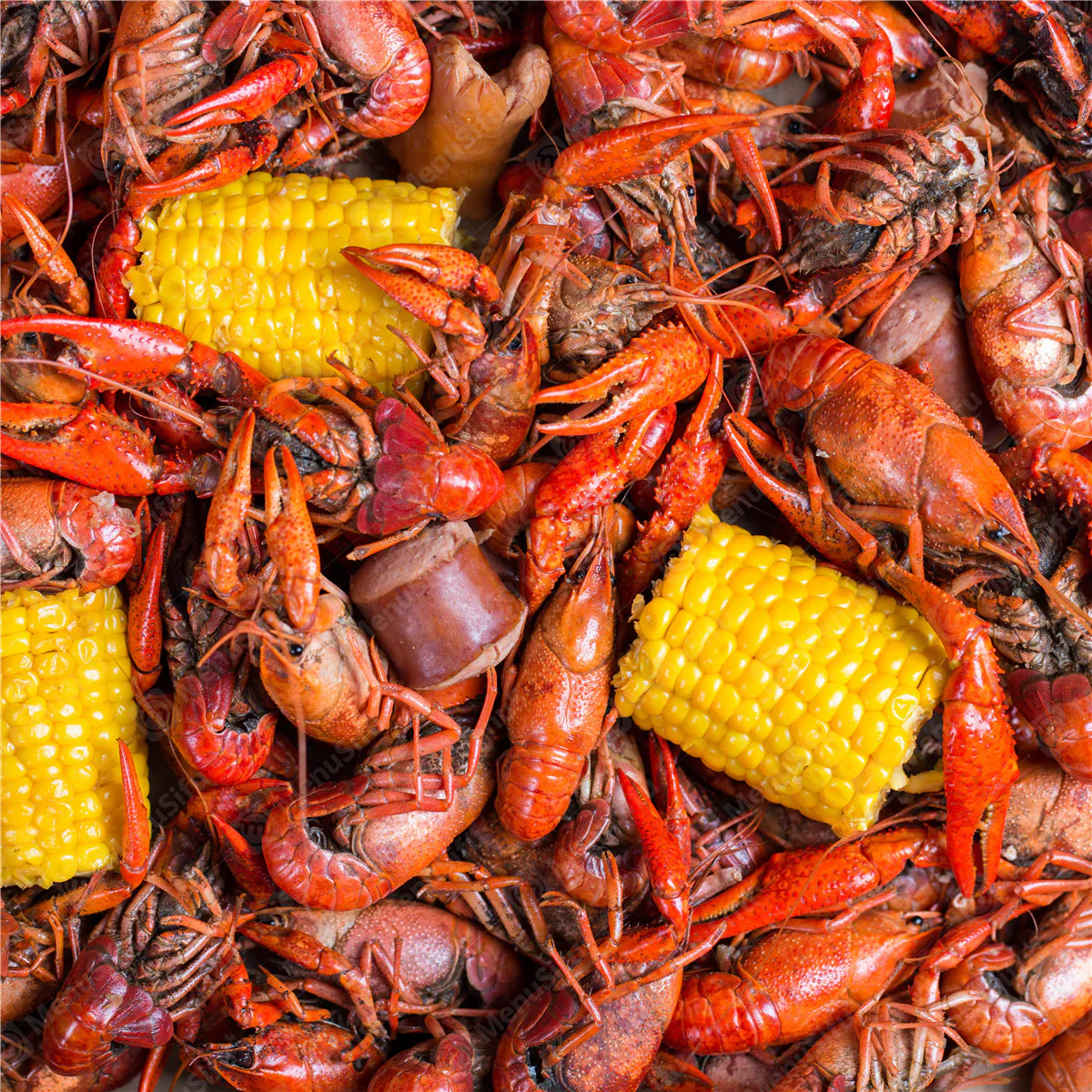 Crawfish boil with corn and sausage at Ocean Crab Marysville, a Seafood Restaurant in Marysville