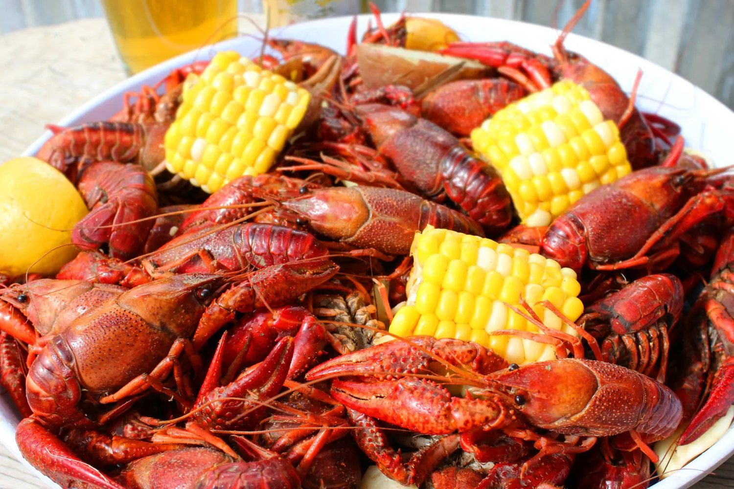 Crawfish boil with corn and lemon at Ocean Crab Marysville, a Seafood Restaurant in Marysville